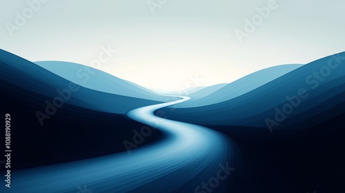 A symmetrical blue background with speed lines, light blue and black gradient colors, a white curved straight road, minimalist style, high resolution, and a dynamic technological atmosphere.