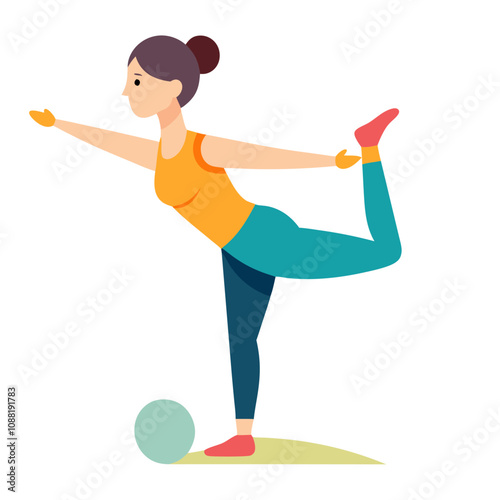 Woman in Yoga Pose with Exercise Ball:  A female figure in a yoga pose, with one leg extended and her arms outstretched. She is standing on a green mat, with an exercise ball beside her.