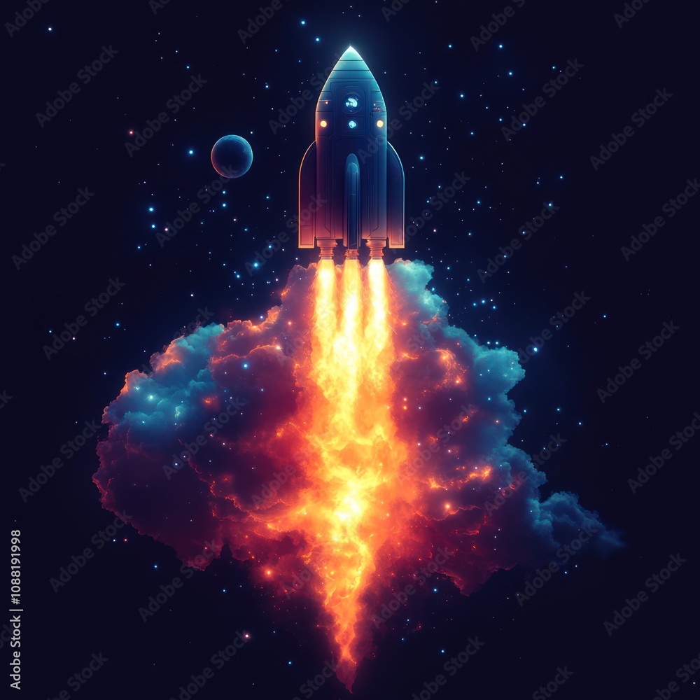Naklejka premium A futuristic rocket launching into space, surrounded by vibrant clouds and stars.