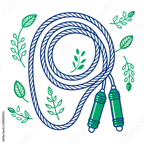 Jump Rope Fitness: A refreshing illustration of a jump rope, adorned with vibrant green leaves, symbolizing health, fitness, and a nature-inspired workout. 