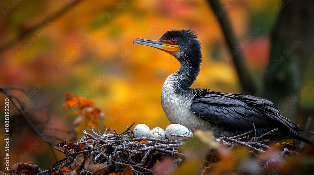 Naklejka premium Cormorant bird on nest with eggs, autumn leaves background.