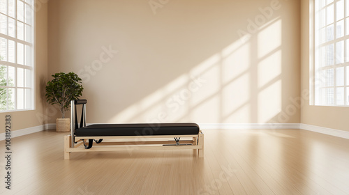 Empty pilates studio with reformer and sunlight streaming through windows
