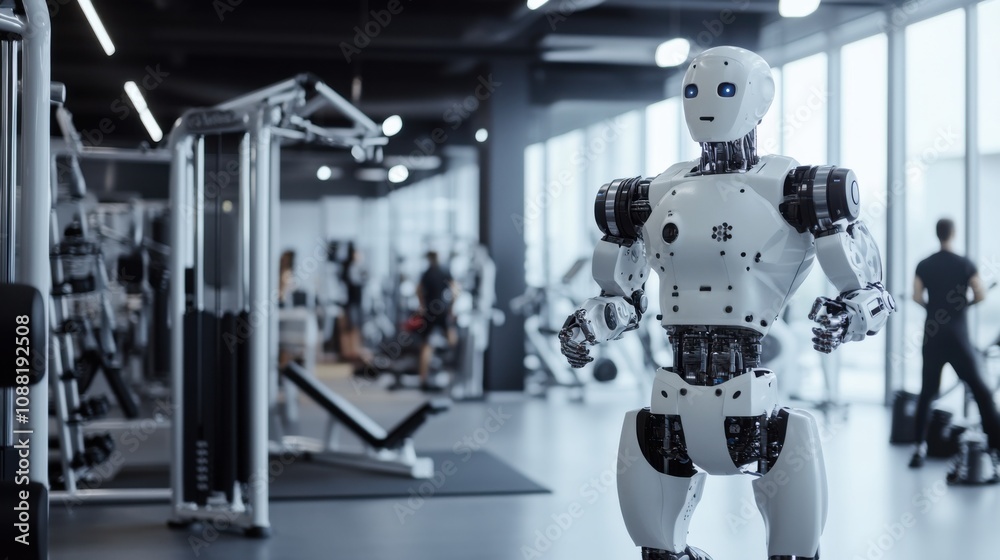 A robot providing personalized fitness training in a high-tech gym, dynamic and energetic setting with exercise machines and fitness enthusiasts, Fitness Training Robotics style A robot providing personalized fitness training in a high-tech gym, dynamic and energetic setting with exercise machines and fitness enthusiasts, Fitness Training Robotics style