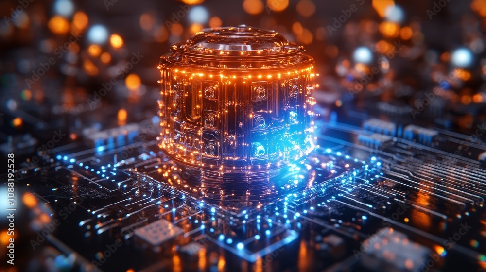 Up close display of an advanced quantum computer with metal spheres and geometric patterns, emitting blue light beams, a grid like structure in the background, and wires connecting various points Up close display of an advanced quantum computer with metal spheres and geometric patterns, emitting blue light beams, a grid like structure in the background, and wires connecting various points