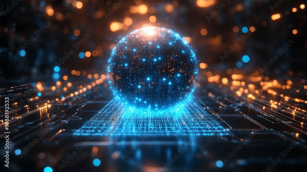 Up close display of an advanced quantum computer with metal spheres and geometric patterns, emitting blue light beams, a grid like structure in the background, and wires connecting various points