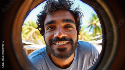 Smiling man looking through round window in tropical paradise photo