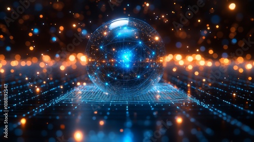 Up close display of an advanced quantum computer with metal spheres and geometric patterns, emitting blue light beams, a grid like structure in the background, and wires connecting various points