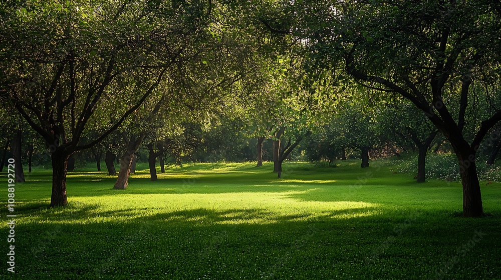 Fototapeta premium Sunlit Orchard Meadow