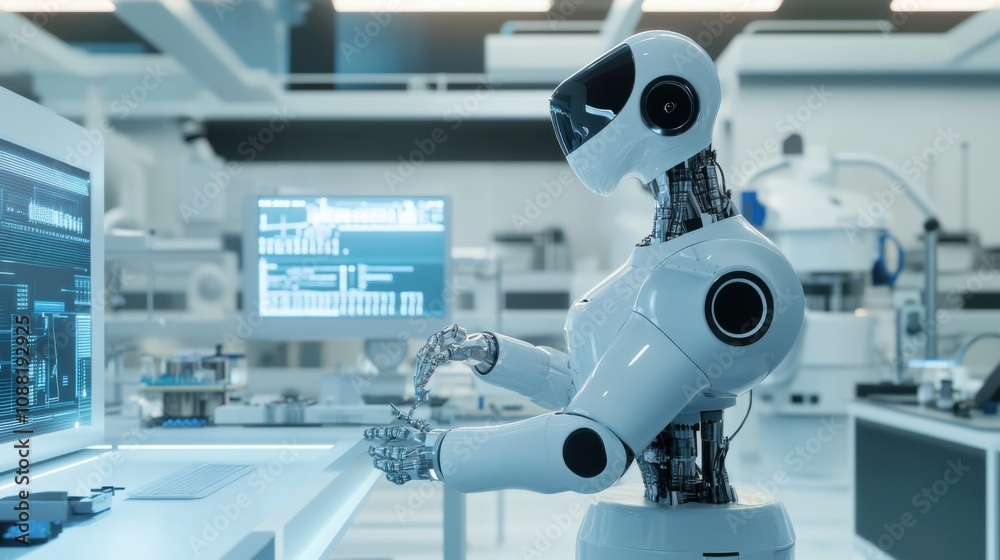 A robot testing new materials in a futuristic laboratory, advanced and clean setting with scientific instruments and digital interfaces, Materials Science Robotics style