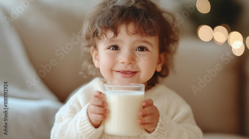 Smiling toddler holding glass of milk with christmas lights in background