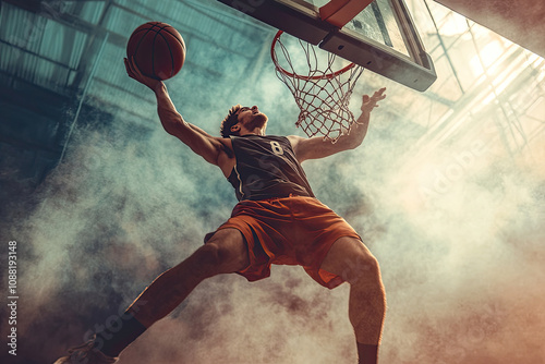 Dynamic image of young man basketball player in motion making a slam dunk in a game. Concept of athleticism teamwork determination skill active