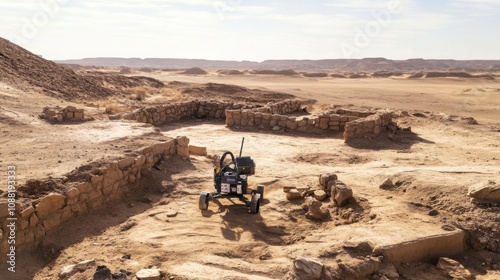 A robotic archaeologist excavating ancient artifacts in a remote desert archaeological site, arid and expansive setting with archaeological tools and ancient ruins, Desert Archaeology Robotics style photo