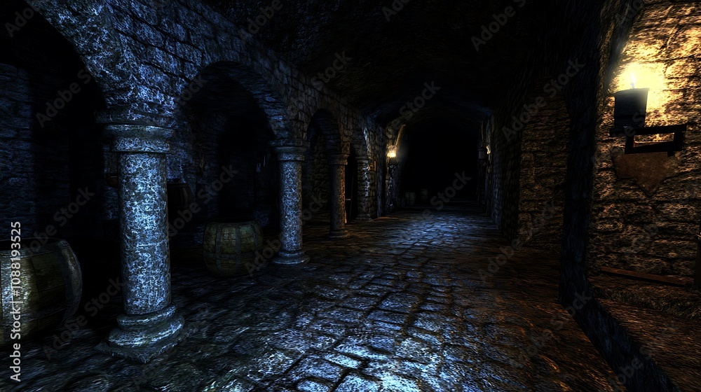Fototapeta premium Dark, stone corridor with arches, columns, and barrels.