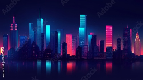 Neon-lit cityscape at night, reflected in water.