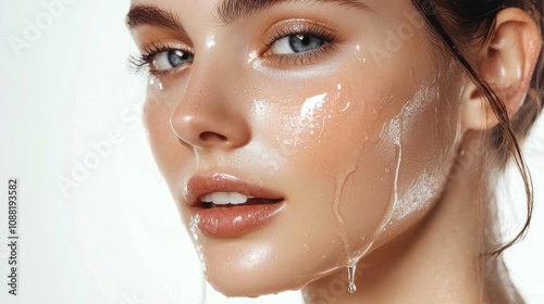 A close-up of a young woman with glowing skin and water droplets, highlighting a fresh and dewy complexion.