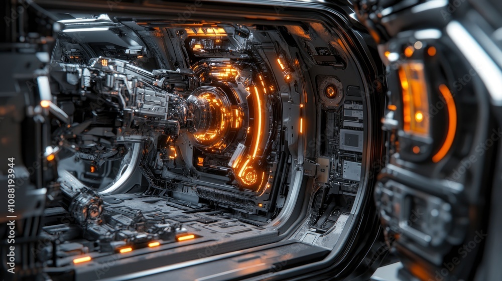 Futuristic interior of a sci-fi spaceship with glowing elements and machinery Futuristic interior of a sci-fi spaceship with glowing elements and machinery