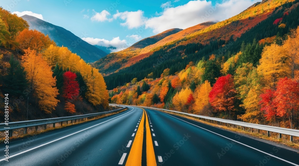 autumn road landscape in beautiful nature travel. autumn colors in mountain road scenery. autumn landscape on the highway in colorful forest. nature trip in fall. highway landscape - generative ai autumn road landscape in beautiful nature travel. autumn colors in mountain road scenery. autumn landscape on the highway in colorful forest. nature trip in fall. highway landscape - generative ai
