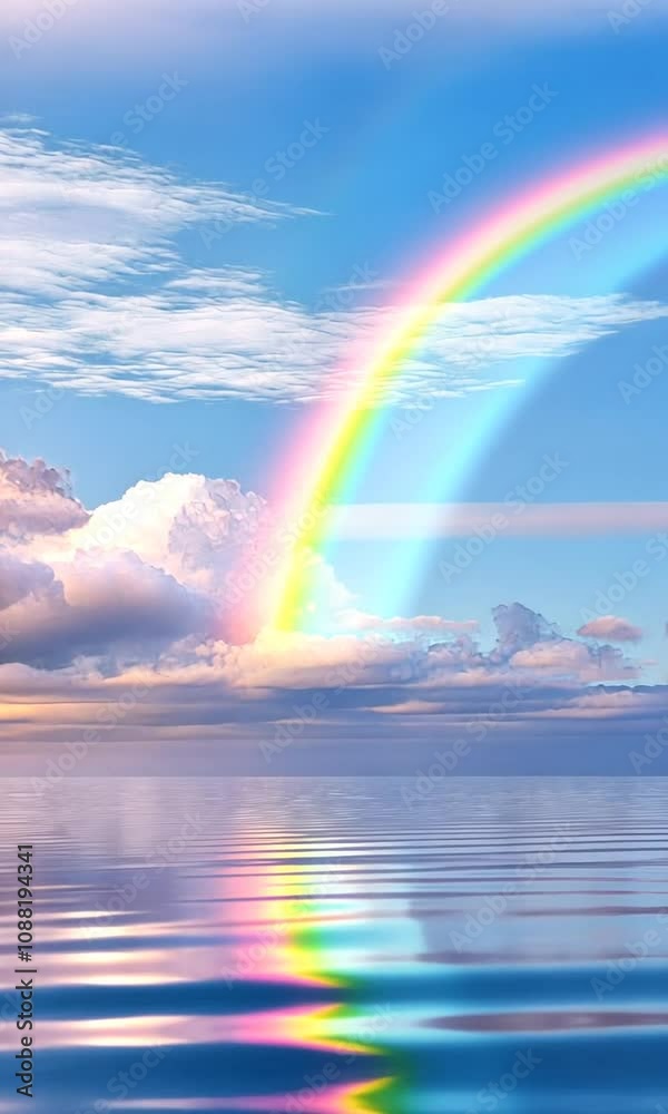 Majestic Rainbow Arching Over Calm Water with Reflective Surface under Blue Sky and Fluffy Clouds in a Serene Natural Landscape Scene Majestic Rainbow Arching Over Calm Water with Reflective Surface under Blue Sky and Fluffy Clouds in a Serene Natural Landscape Scene