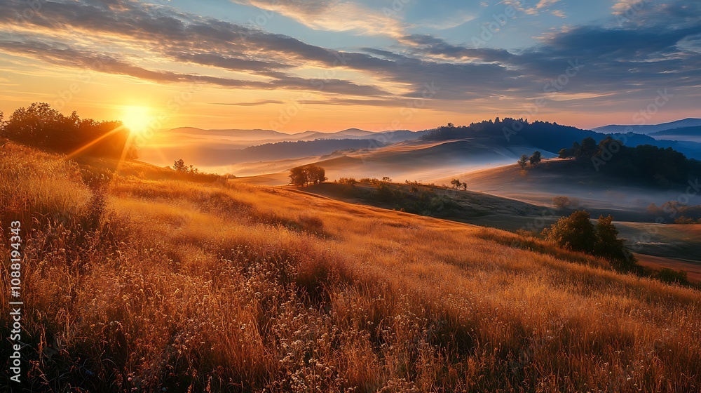 Sunrise over misty golden field landscape Sunrise over misty golden field landscape