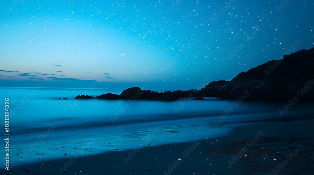 Serene Beach Nightscape with Neon Blue Bioluminescent Waves and Star Reflections Serene Beach Nightscape with Neon Blue Bioluminescent Waves and Star Reflections