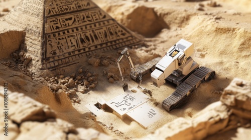 A robotic archaeologist excavating artifacts from an ancient pyramid, historical and archaeological setting with ancient hieroglyphs and excavation tools, Pyramid Excavation Robotics style photo