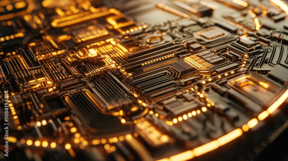 Close-up of illuminated circuit board with intricate circuitry and glowing components. Close-up of illuminated circuit board with intricate circuitry and glowing components.