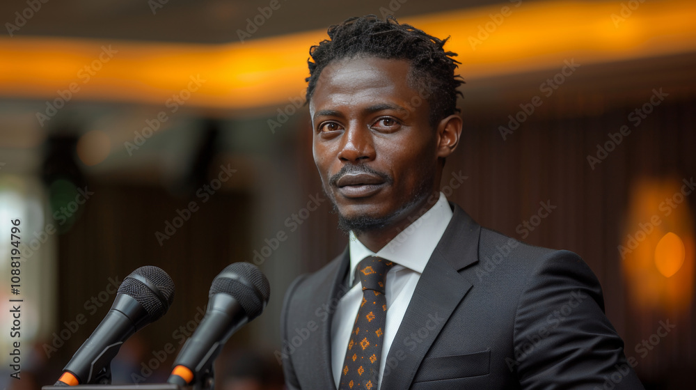 Naklejka premium Confident, Stylish African Businessman Addressing Audience, Delivering A Speech At Conference