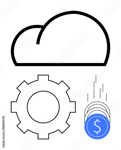 Cloud icon, gear for automation, and stack of digital coins. Ideal for technology, cloud computing, automation, finance, digital currency innovation startups. Line metaphor