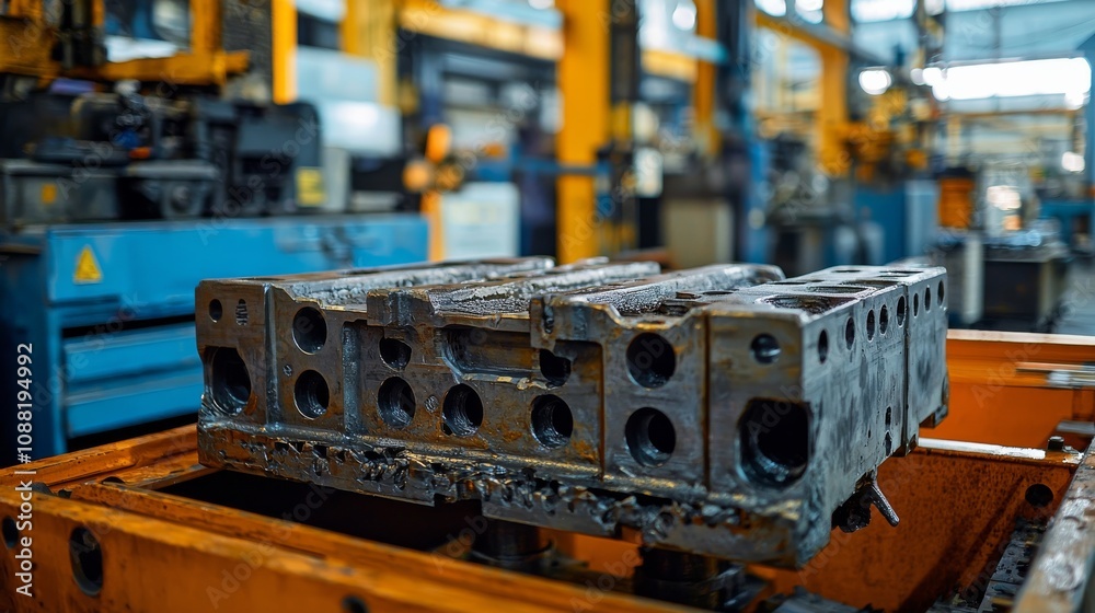A close-up of a metallic block in an industrial setting, showcasing machinery and equipment in the background, indicative of manufacturing processes. A close-up of a metallic block in an industrial setting, showcasing machinery and equipment in the background, indicative of manufacturing processes.