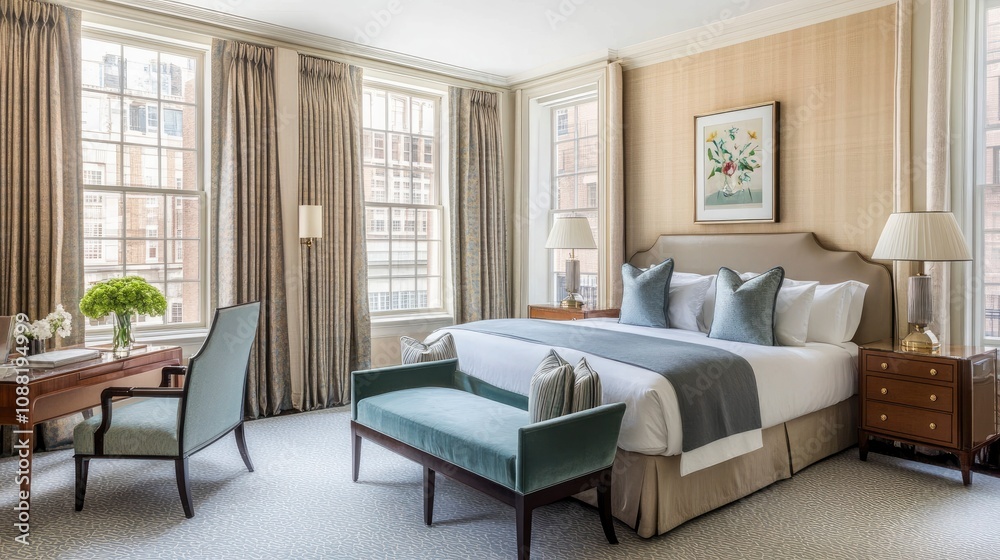 Fototapeta premium Elegant hotel room design with large windows and modern furnishings