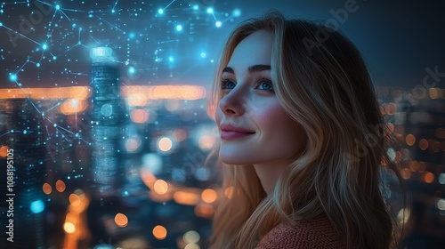 Smiling women gaze at the future urban landscape, with blockchain nodes and holographic projections embellished in the background, showcasing cutting-edge technology and digital innovation.