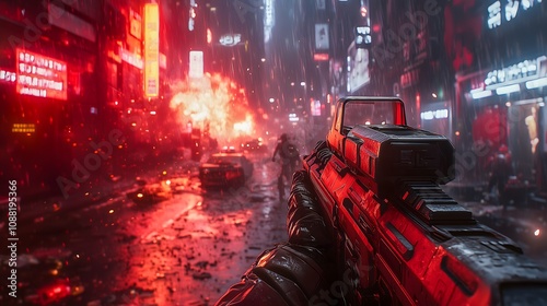 first-person shooter scene with a futuristic soldier holding a high-tech weapon, running through a dystopian urban battlefield, explosions and gunfire all around