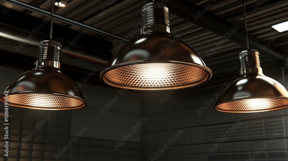 Obraz premium Three modern industrial pendant lights illuminating a stylish interior space