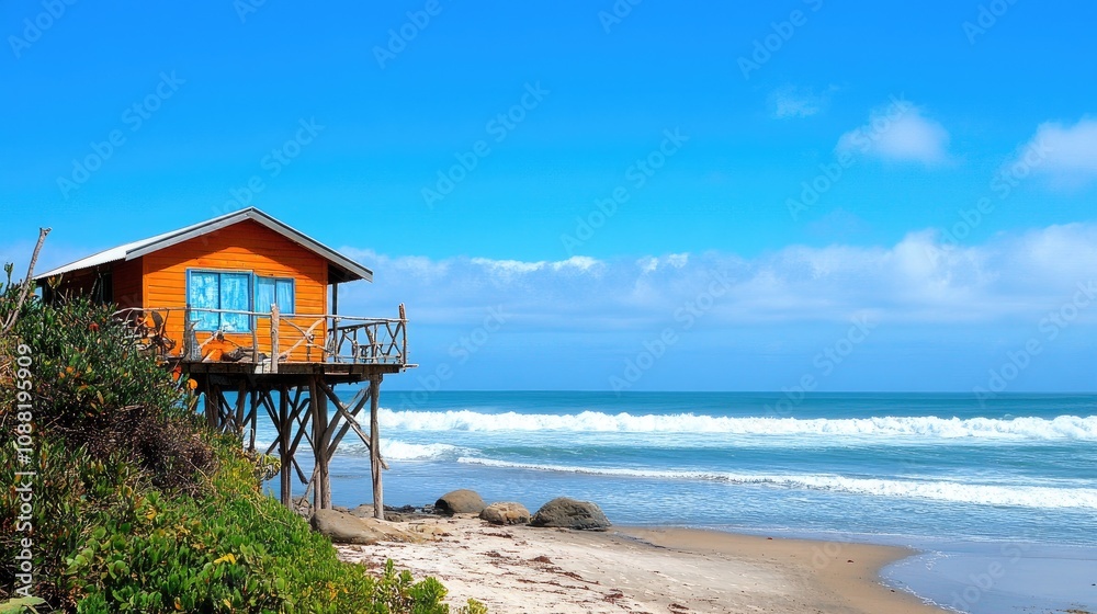 Wooden beach house with stilts, ocean waves in the background, bright blue sky Wooden beach house with stilts, ocean waves in the background, bright blue sky