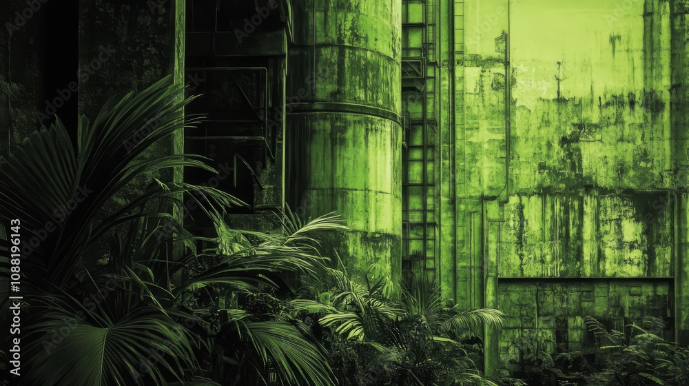 Overgrown industrial ruins, green tint. Overgrown industrial ruins, green tint.