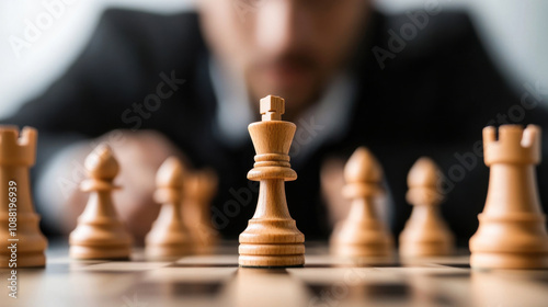 focused businessman strategizes in chess game, surrounded by wooden pieces. king stands prominently, symbolizing leadership and decision making