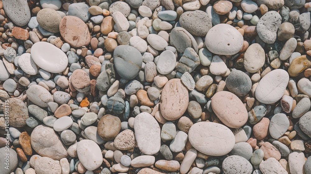 Smooth pebbles and stones on a beach with textured gray and white rocks in the background Smooth pebbles and stones on a beach with textured gray and white rocks in the background