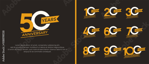 set of anniversary logo flat orange and white color on brown background for celebration moment