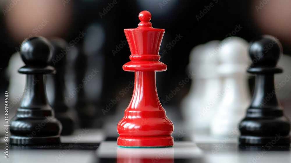 striking red king chess piece stands out among black and white pawns, symbolizing strategy and adaptability in game of intellect striking red king chess piece stands out among black and white pawns, symbolizing strategy and adaptability in game of intellect