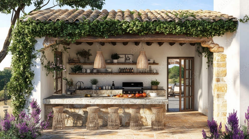 Fototapeta premium Beautiful outdoor kitchen design with rustic charm and modern amenities