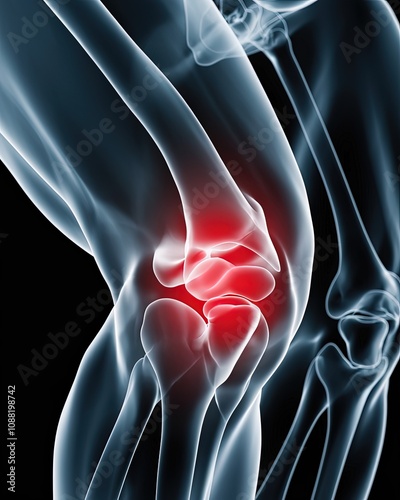 Close-up of knee pain, a close-up on the joint with an X-ray effect showing bones and cartilages in a normal state and one ankle bone strangely shaped. photo