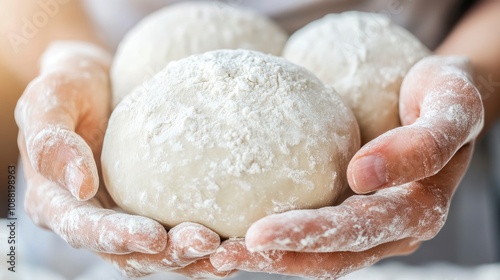 Hands holding three dough balls covered in flour