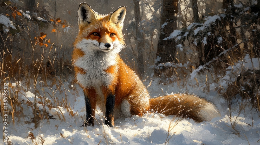 A vibrant fox standing in a snowy forest landscape A vibrant fox standing in a snowy forest landscape