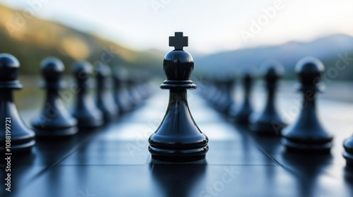 close up of black pawn in chess game, surrounded by other pieces, symbolizes strategy and focus in business mindset