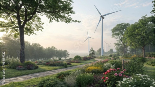 Wind energy structures are strategically p amid gardens blending seamlessly with natural surroundings. photo