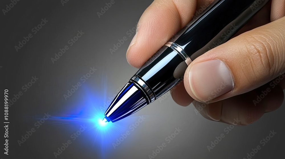 Hand holding a pen with blue light glowing from the tip Hand holding a pen with blue light glowing from the tip