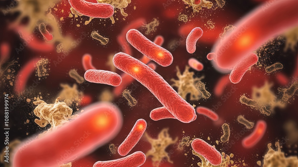 Naklejka premium Flowing red blood cells in a vein under a microscope