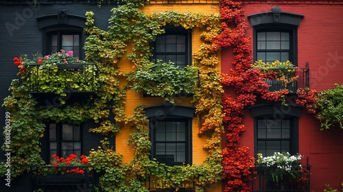 Colorful building facade with vibrant ivy.