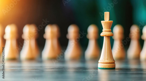 wooden king chess piece stands prominently in front of blurred pawns, symbolizing strategy and leadership in game of chess