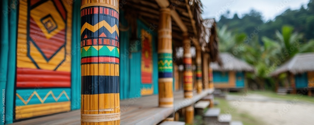 Fototapeta premium Surf shacks adorned with handcrafted art and bamboo details, emphasizing bohemian culture, surfing, adventure lifestyle